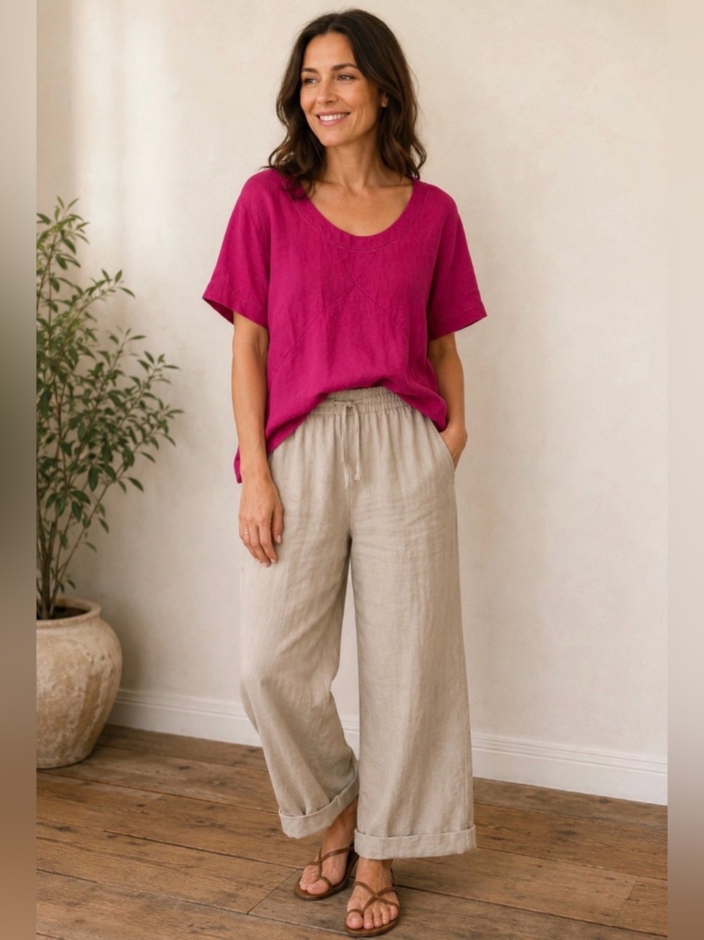 Poetry Women’s Fuschia Linen Boho Oversized Tunic Top Size M Minimalist